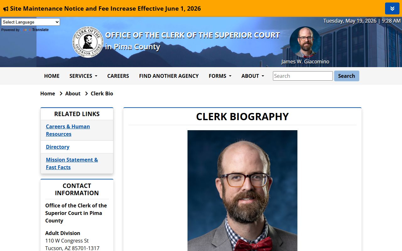 Pima County Clerk of Court - Clerk James W. Giacomino bio page