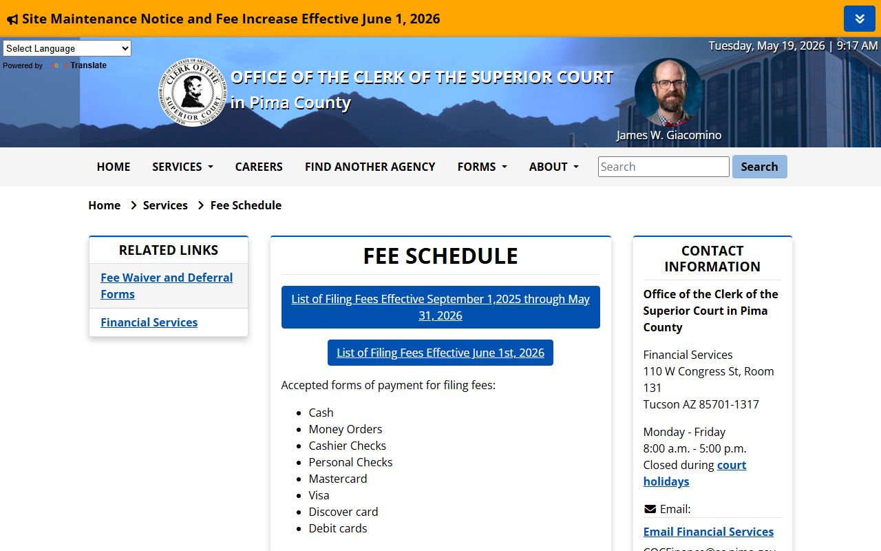 Pima County Clerk of Court - Clerk fee schedule page