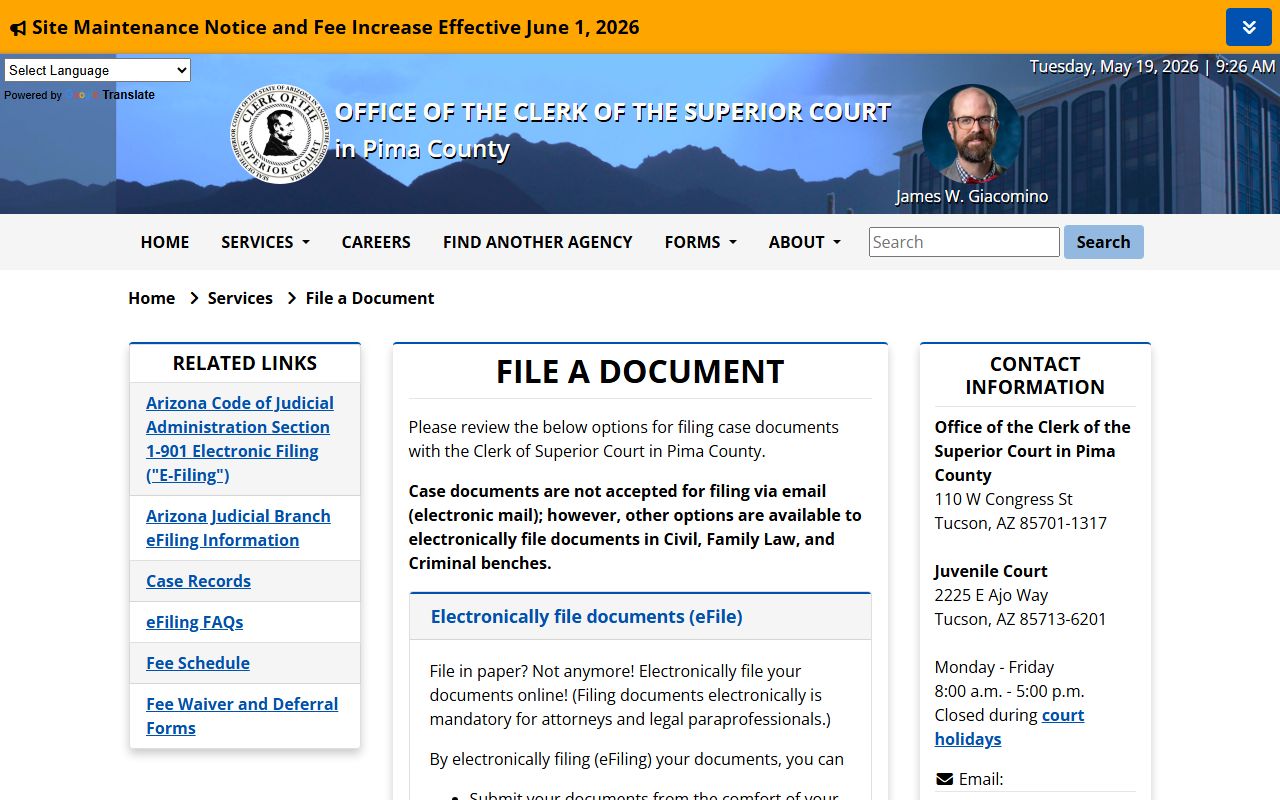Pima County Clerk of Court - Clerk filing a document page