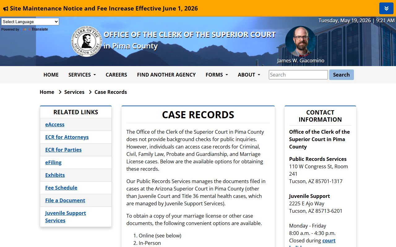 Pima County court records - Clerk case records page