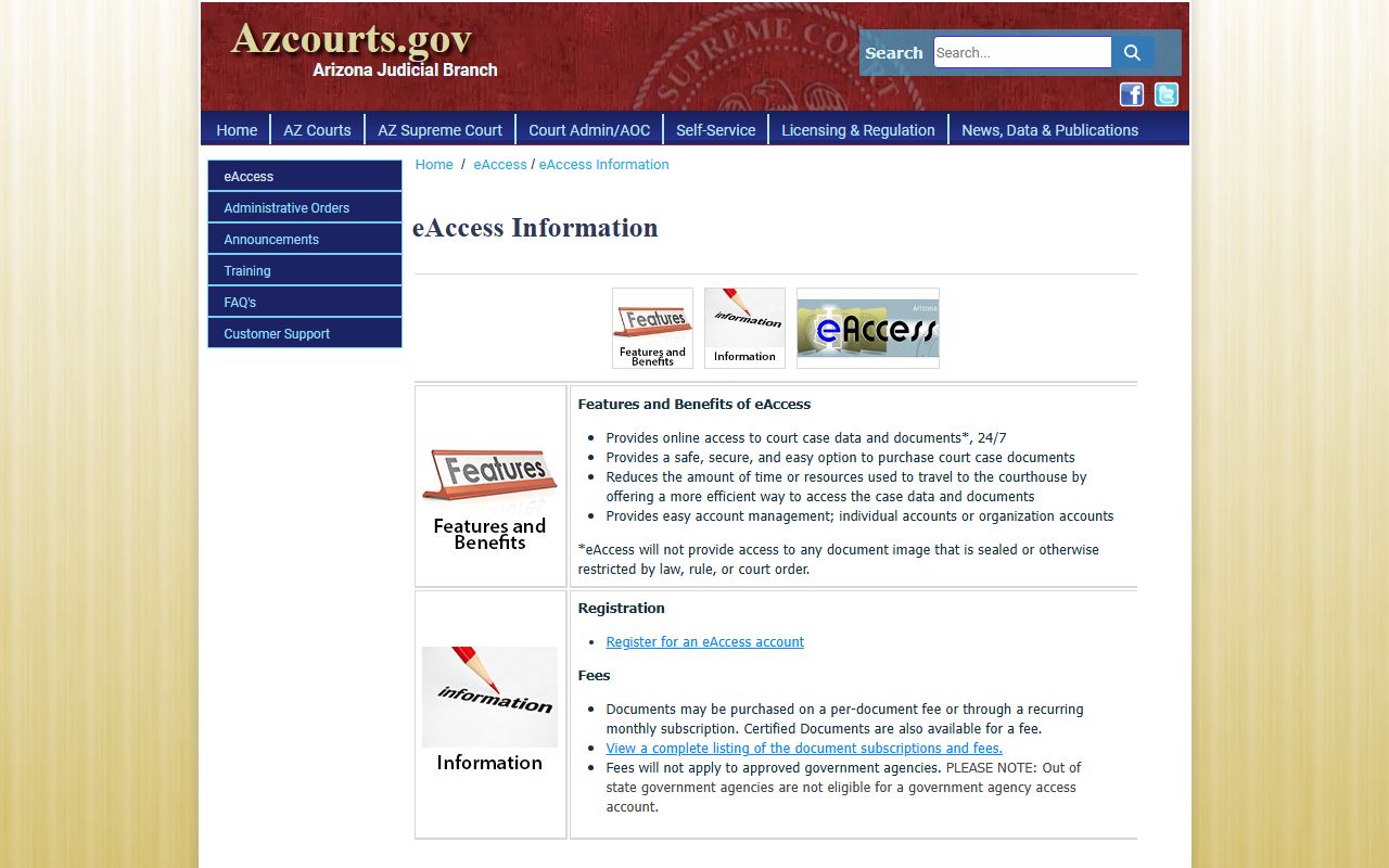 Pima County court records - Arizona eAccess information page