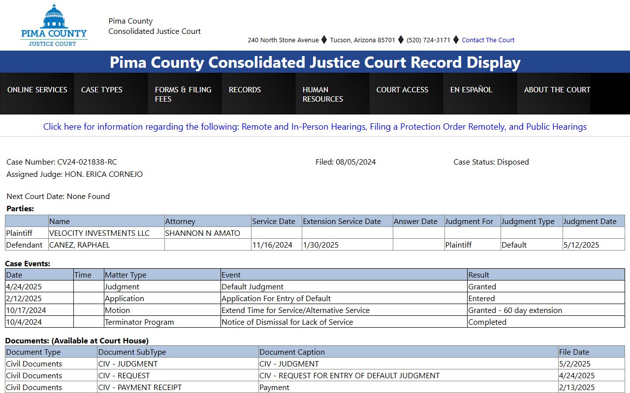 Pima County court records - Sample Justice Court civil case display
