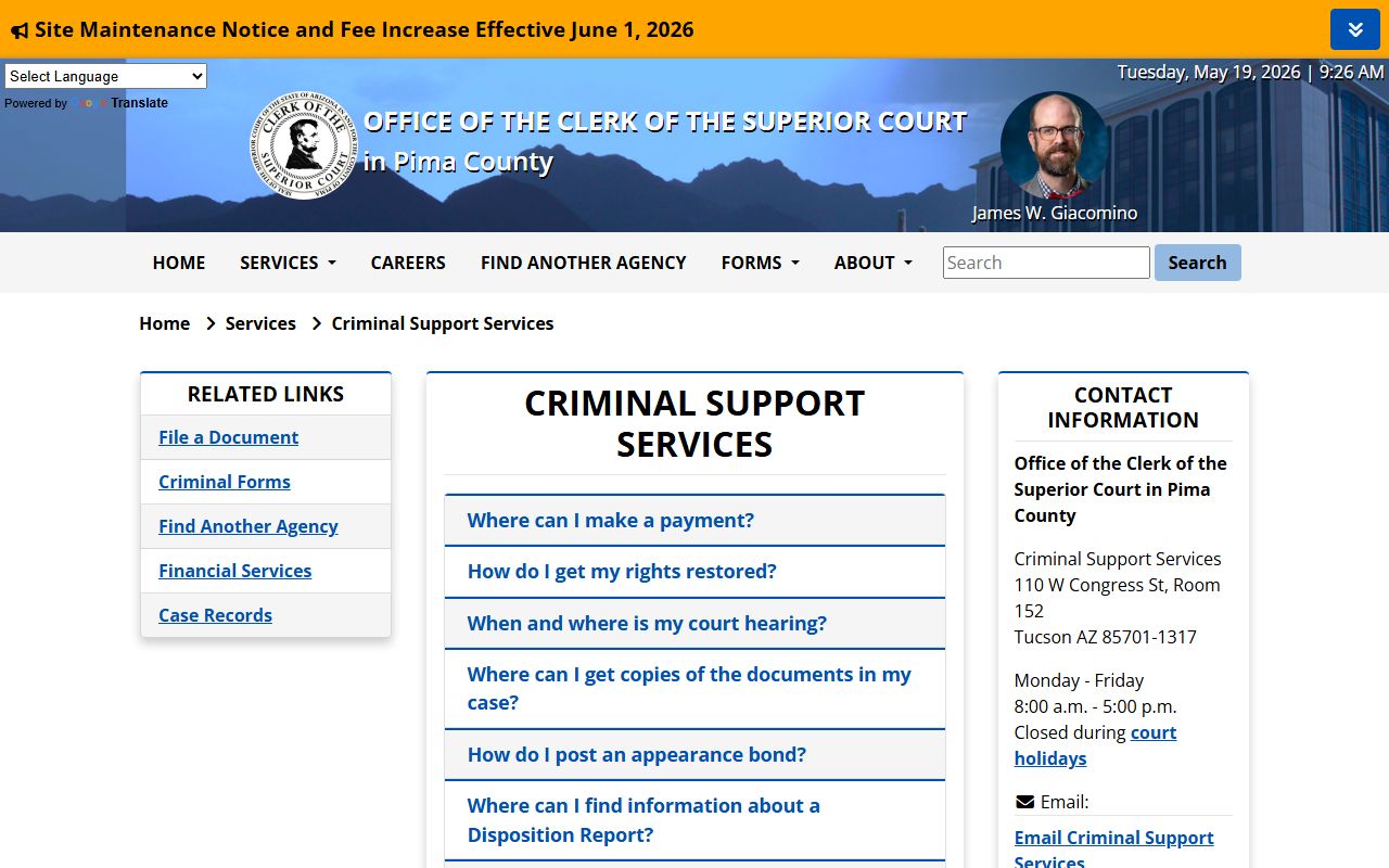 Pima County criminal records - Clerk Criminal Support Services page