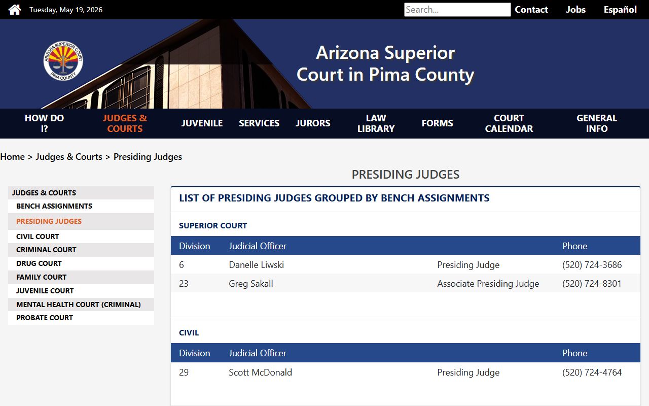 Pima County District Court - presiding judge table for the Superior Court