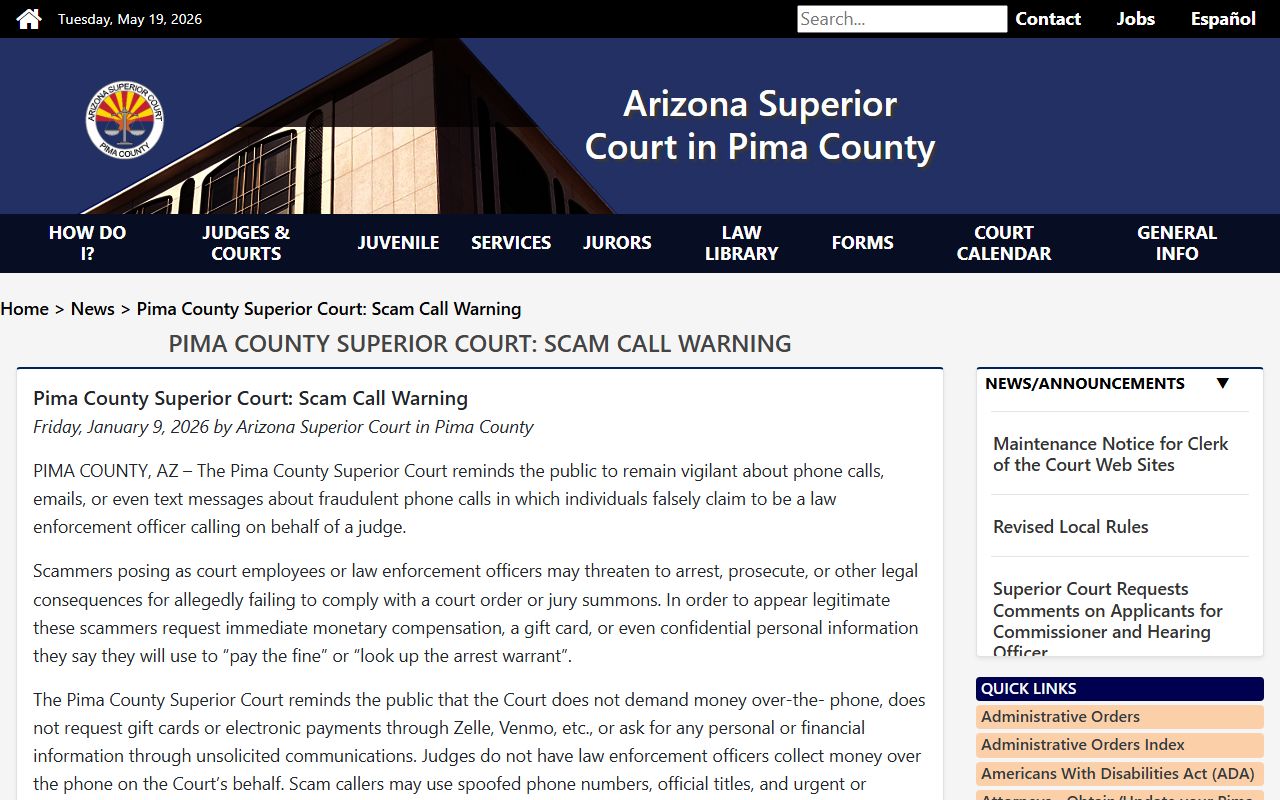 Pima County District Court - Superior Court scam-call warning page