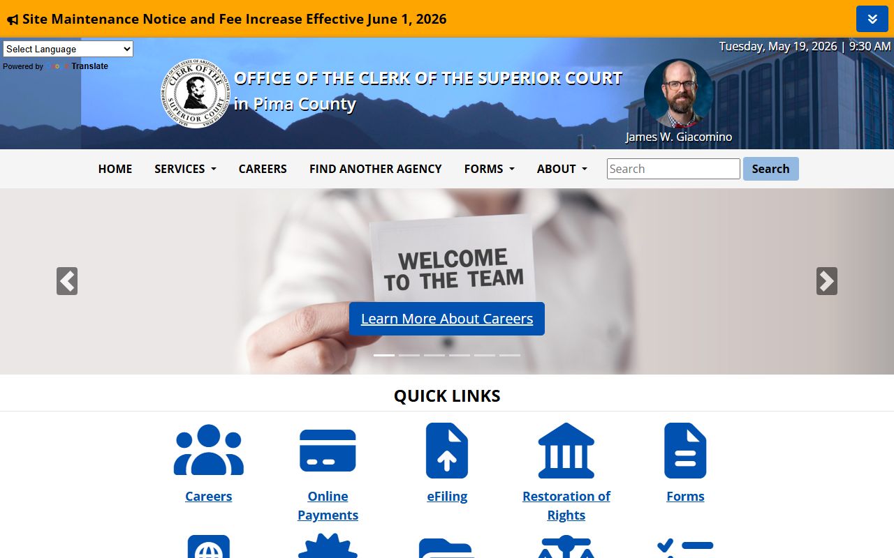 Pima County Court records - Office of the Clerk of the Superior Court landing page