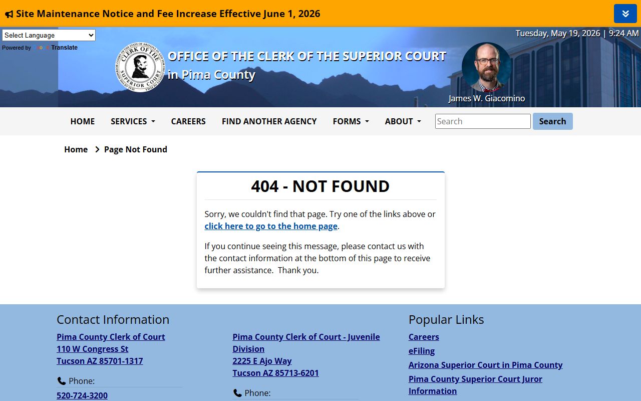 Pima County Court records - Clerk Public Records Search page