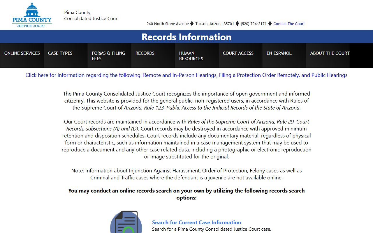 Pima County Court records - Consolidated Justice Court records page