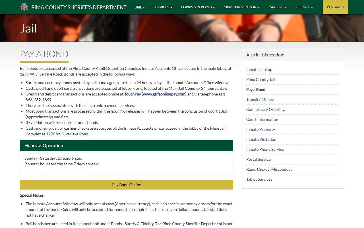 Pima County inmate search - Sheriff bond posting page