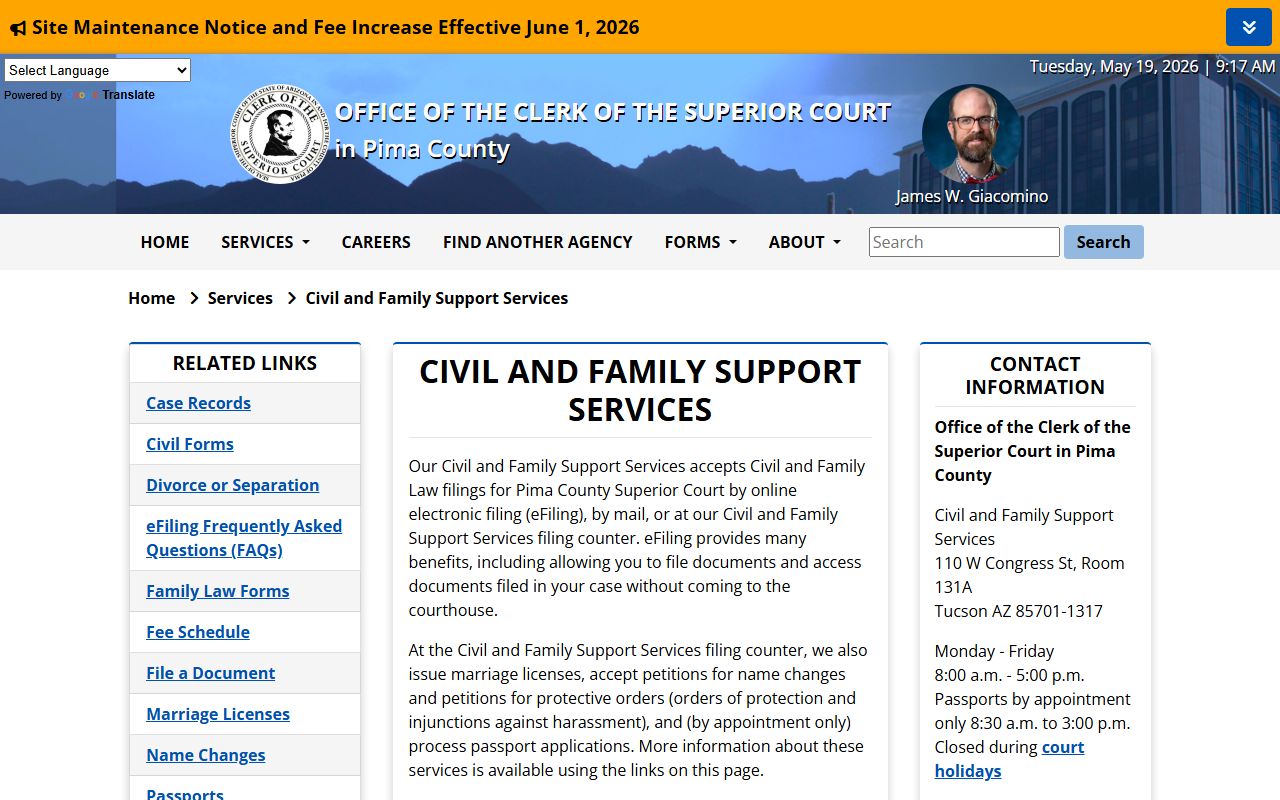 Pima County marriage divorce records - Civil and Family Support Services page