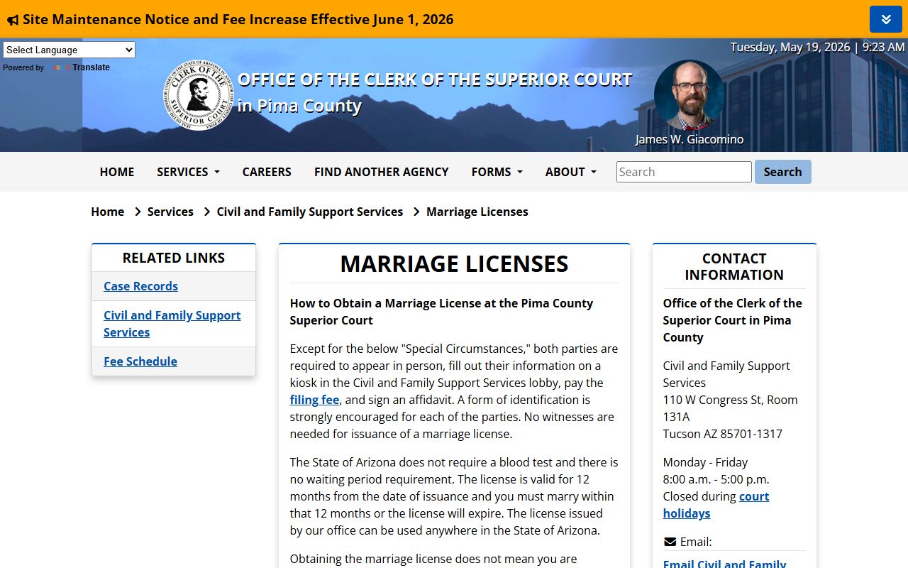 Pima County marriage divorce records - marriage license instructions and special circumstances