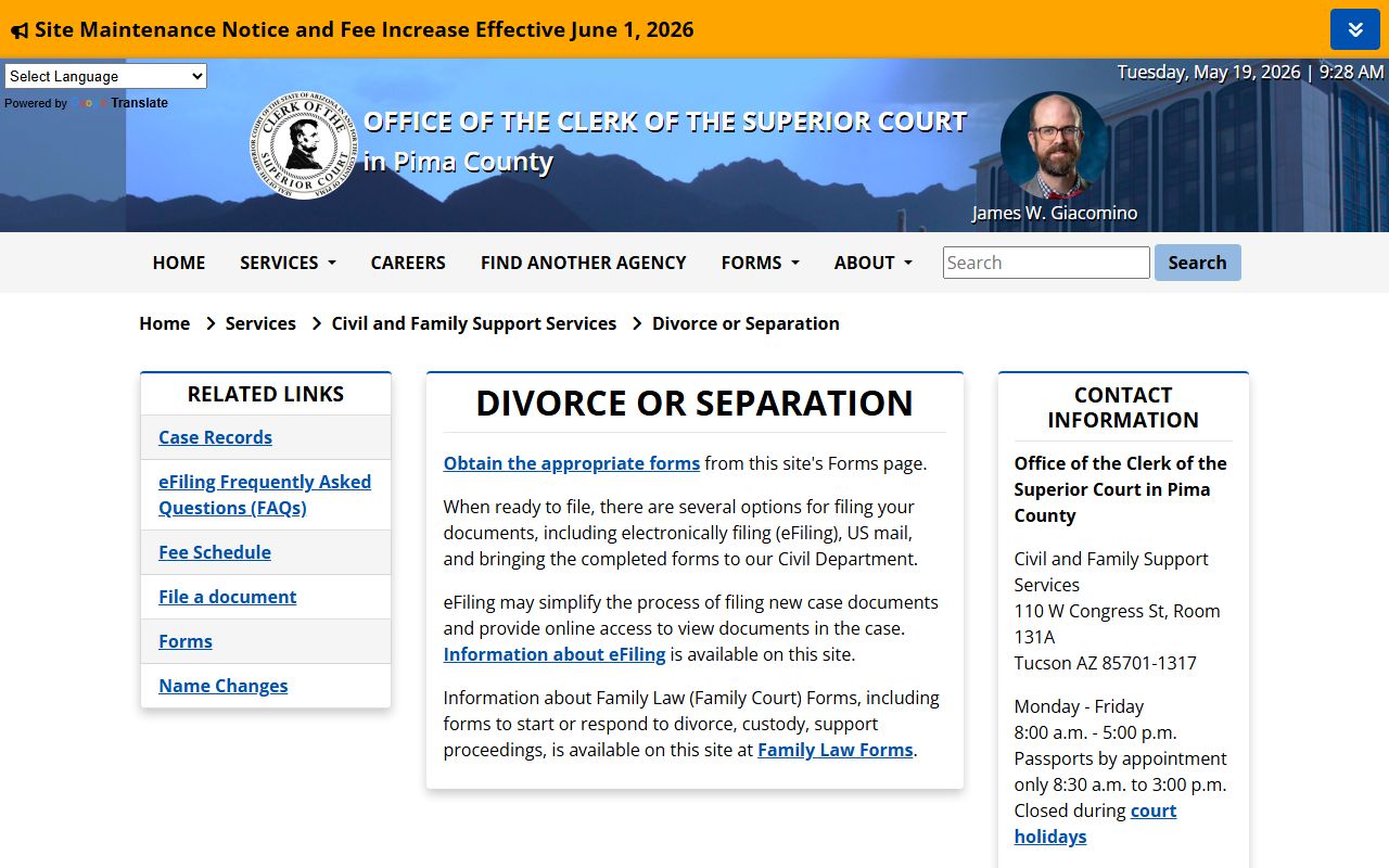 Pima County marriage divorce records - divorce or separation service page