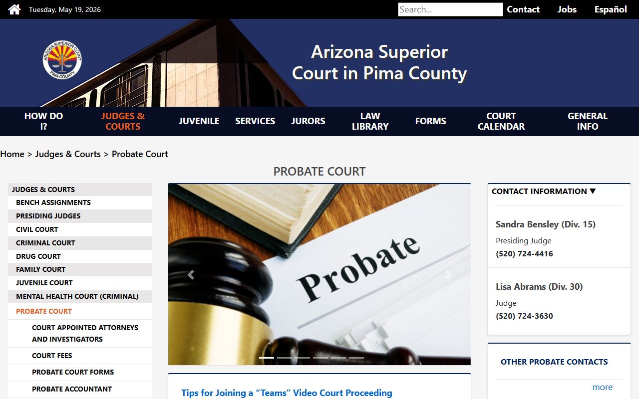 Pima County probate records - Superior Court probate bench page
