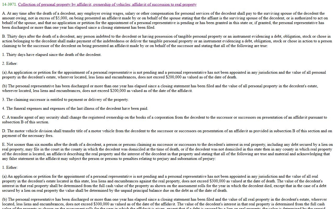 Pima County probate records - A.R.S. § 14-3971 small estate affidavit statute