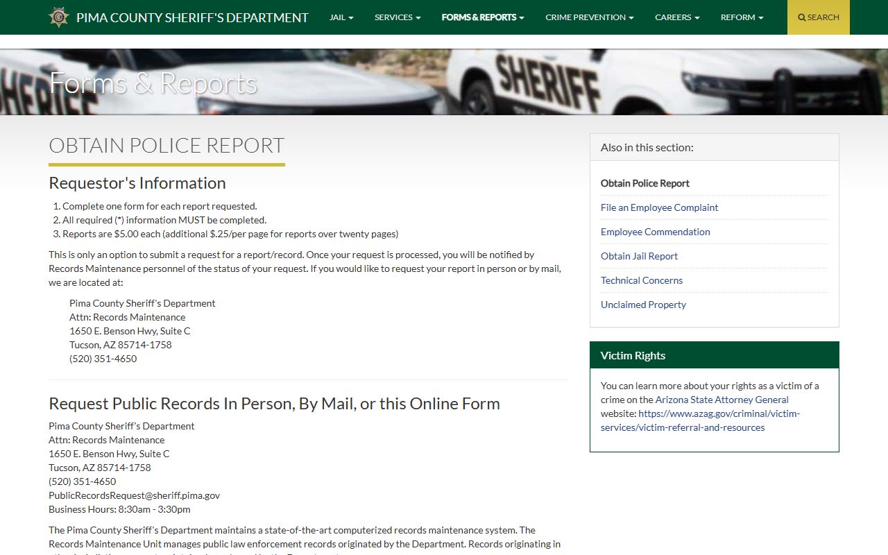 Pima County public records - Sheriff incident report request page