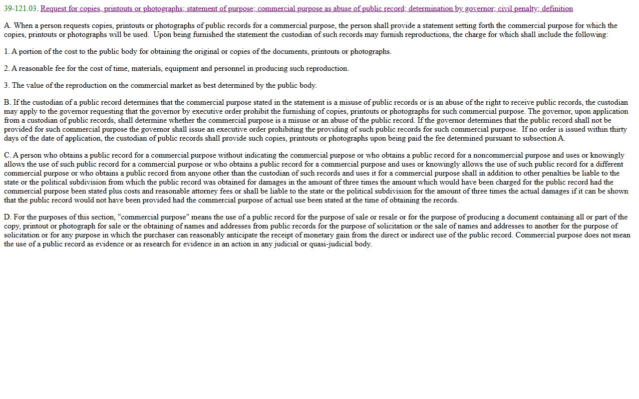 Pima County public records - A.R.S. § 39-121.03 commercial use of public records