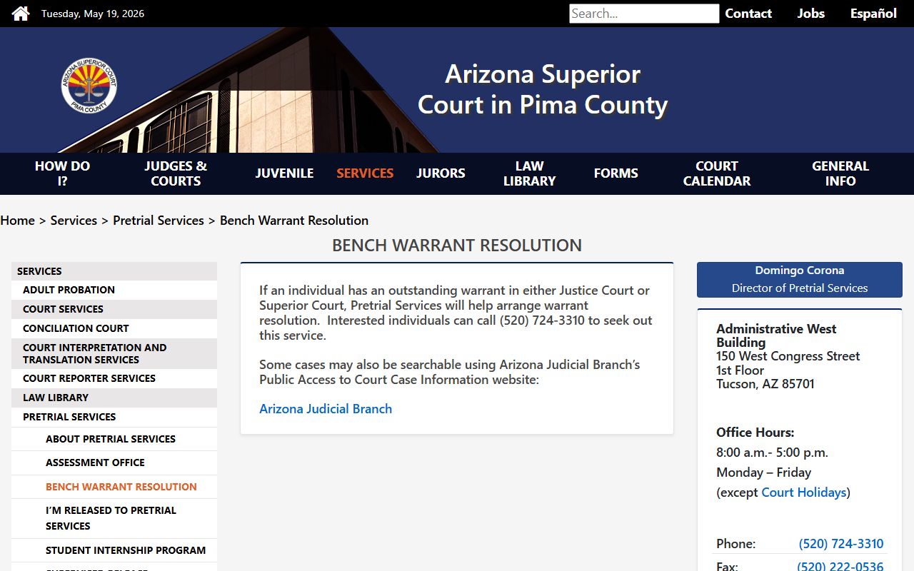 Pima County warrant search - Superior Court Pretrial Services bench-warrant resolution page
